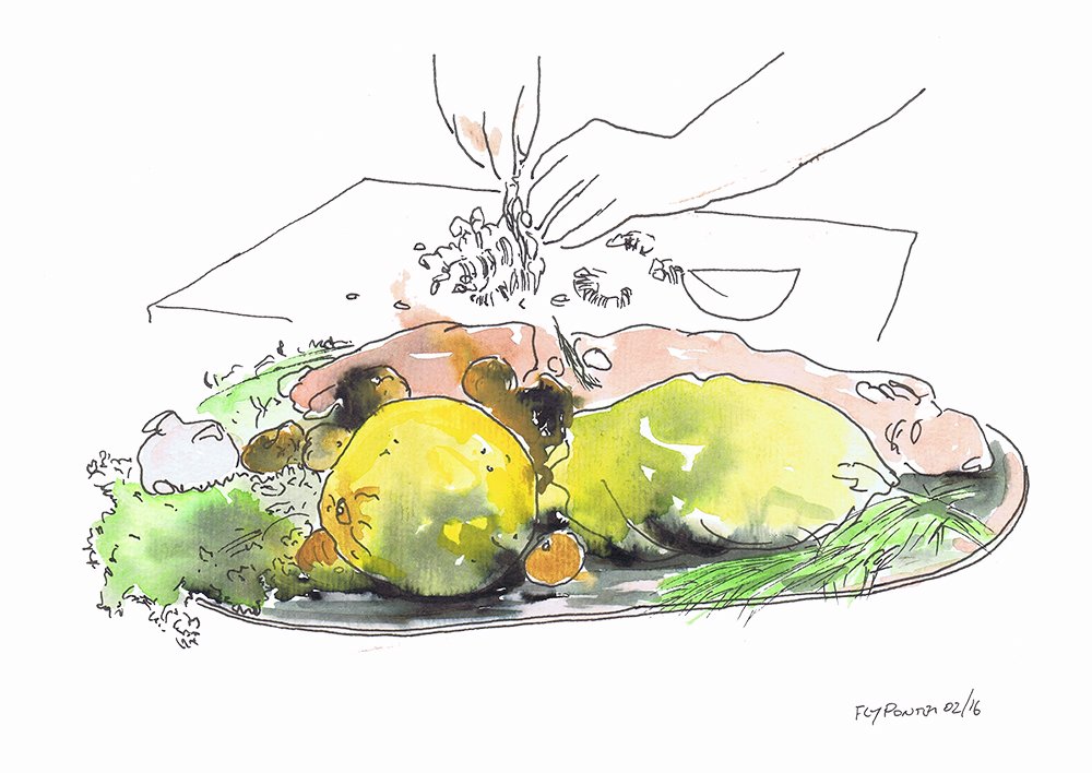 Sketch ao vivo (A4) no Mercado de Messines. Mãos de Chef a cortar cebola (Rotring), legumes em aguarela. (Colecção privada).