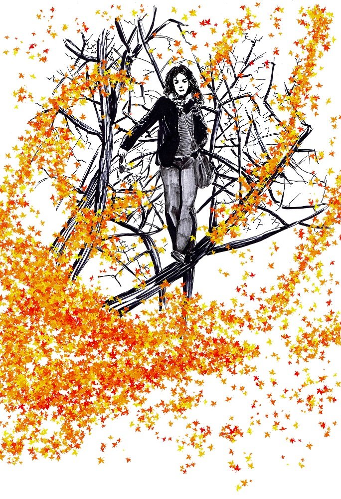 Desenho "Andar no Tronco" (A4). Mulher a caminhar em direcção ao espectador, sobre um tronco que emerge de uma mancha de folhas coloridas. Folhas formam um coração. Técnica mista. (Colecção particular).