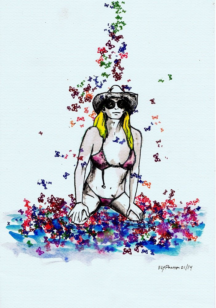 Desenho "Chuva de folhas" (A3). Jovem mulher de joelhos com chapéu e óculos, no meio de uma cascata de folhas coloridas. Técnica mista. (Colecção particular).