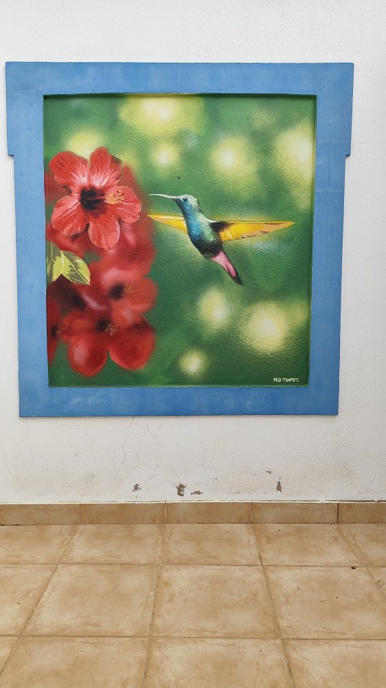Colibri em Janela Falsa pintado com stencil e spray. Arte urbana personalizada em residência