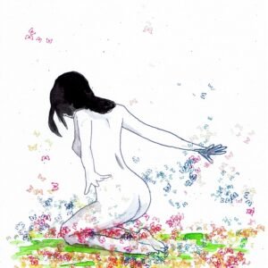 Ilustração a tinta da china e aguarela (300g) que retrata um nu feminino de joelhos, com os braços esticados para trás. As borboletas (violeta/rosa/azul) esvoaçam seguindo o movimento, simbolizando a metamorfose e a libertação.