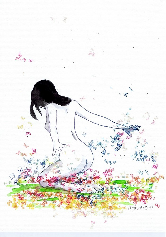 Ilustração a tinta da china e aguarela (300g) que retrata um nu feminino de joelhos, com os braços esticados para trás. As borboletas (violeta/rosa/azul) esvoaçam seguindo o movimento, simbolizando a metamorfose e a libertação.