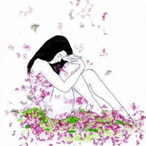 Ilustração a tinta da china e aguarela (300g) que retrata um nu feminino sentado numa pose de apoio complexo. O contraste entre as borboletas no chão e as suspensas (violeta/rosa/azul) sugere a metamorfose em estado de repouso e reflexão.