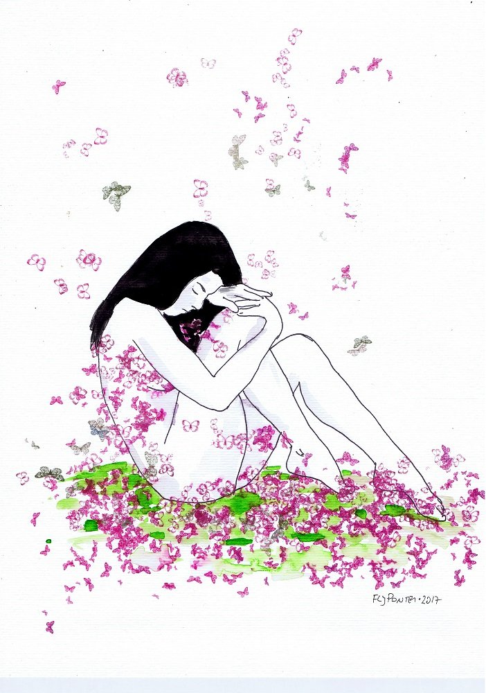 Ilustração a tinta da china e aguarela (300g) que retrata um nu feminino sentado numa pose de apoio complexo. O contraste entre as borboletas no chão e as suspensas (violeta/rosa/azul) sugere a metamorfose em estado de repouso e reflexão.