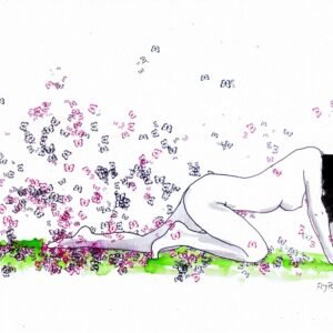 Ilustração a tinta da china e aguarela (300g) que retrata um nu feminino em pose de gatas, a caminhar. A figura parece emergir de uma nuvem densa de borboletas (violeta/rosa/azul), simbolizando o despertar ou a metamorfose em movimento.