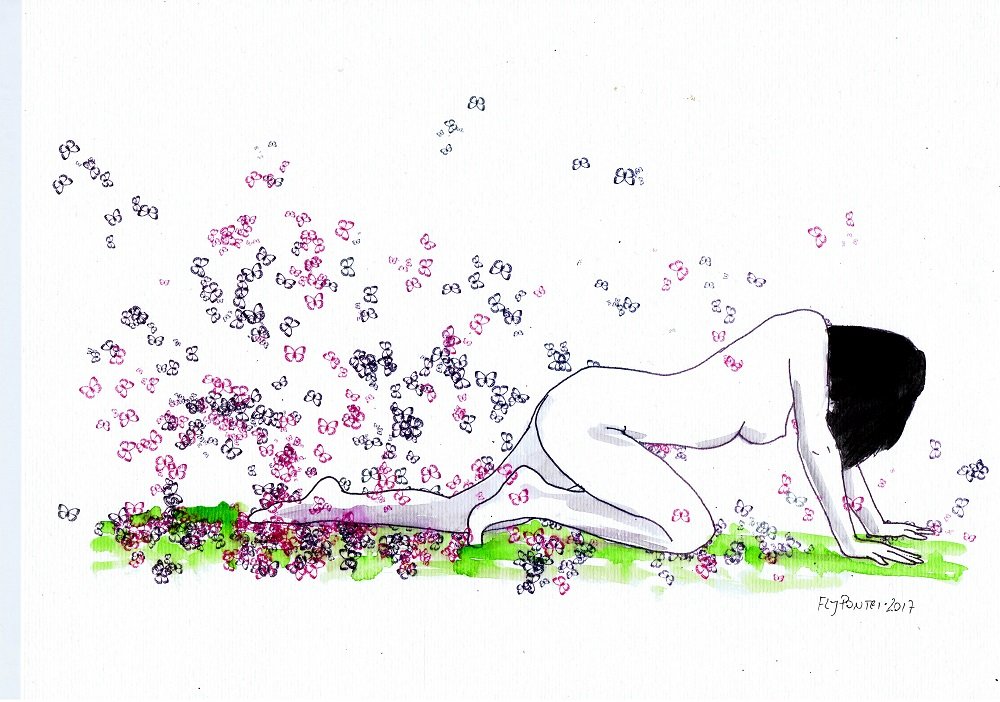 Ilustração a tinta da china e aguarela (300g) que retrata um nu feminino em pose de gatas, a caminhar. A figura parece emergir de uma nuvem densa de borboletas (violeta/rosa/azul), simbolizando o despertar ou a metamorfose em movimento.