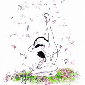 Ilustração a tinta da china e aguarela (300g) que retrata um nu feminino sentado, em pose reflexiva (cabeça apoiada). O movimento do braço esticado para o alto lança borboletas (violeta/rosa/azul), simbolizando o pensamento libertador e a metamorfose.