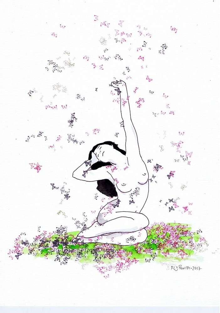 Ilustração a tinta da china e aguarela (300g) que retrata um nu feminino sentado, em pose reflexiva (cabeça apoiada). O movimento do braço esticado para o alto lança borboletas (violeta/rosa/azul), simbolizando o pensamento libertador e a metamorfose.