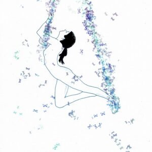 Desenho "Despretensão 4" em tinta da china e aguarela sobre papel Canson. A figura feminina está em pose suspensa, olhando para cima com o queixo esticado. Borboletas (violeta/rosa/azul) formam panos ou faixas que se entrelaçam no pulso e tornozelo da figura, sobre um fundo de papel com leves sombras em aguarela.