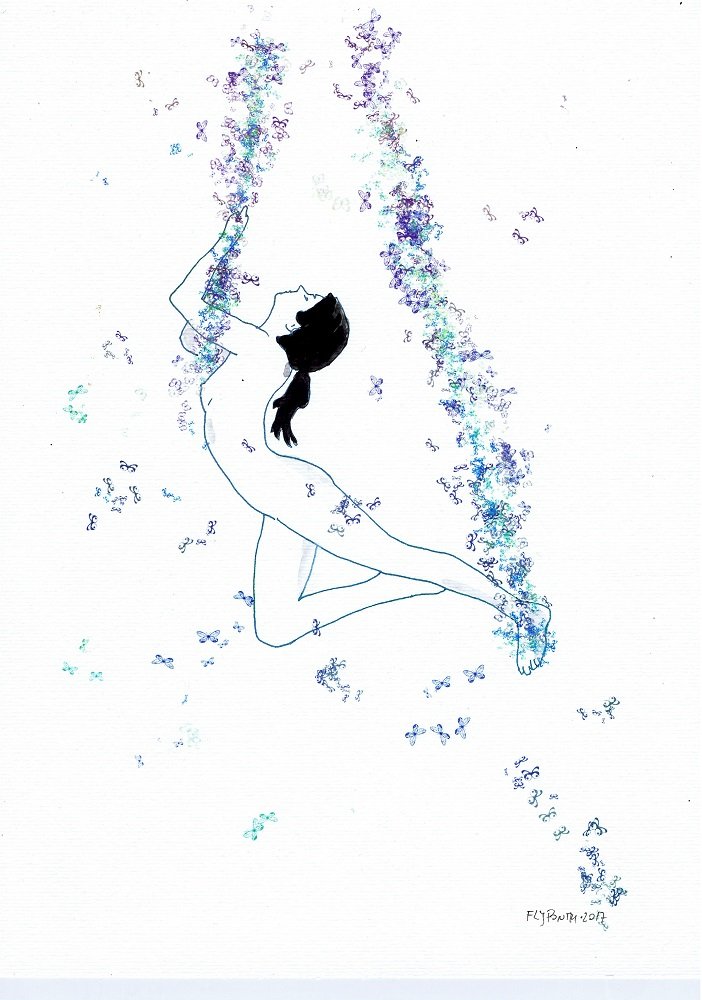 Desenho "Despretensão 4" em tinta da china e aguarela sobre papel Canson. A figura feminina está em pose suspensa, olhando para cima com o queixo esticado. Borboletas (violeta/rosa/azul) formam panos ou faixas que se entrelaçam no pulso e tornozelo da figura, sobre um fundo de papel com leves sombras em aguarela.