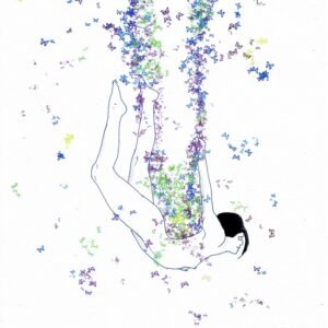 Ilustração a tinta da china e aguarela (300g) que retrata um nu feminino suspenso, pendurado numa corda feita de borboletas (violeta/rosa/azul). As pernas fletidas simbolizam a leveza e a delicadeza do equilíbrio na metamorfose.