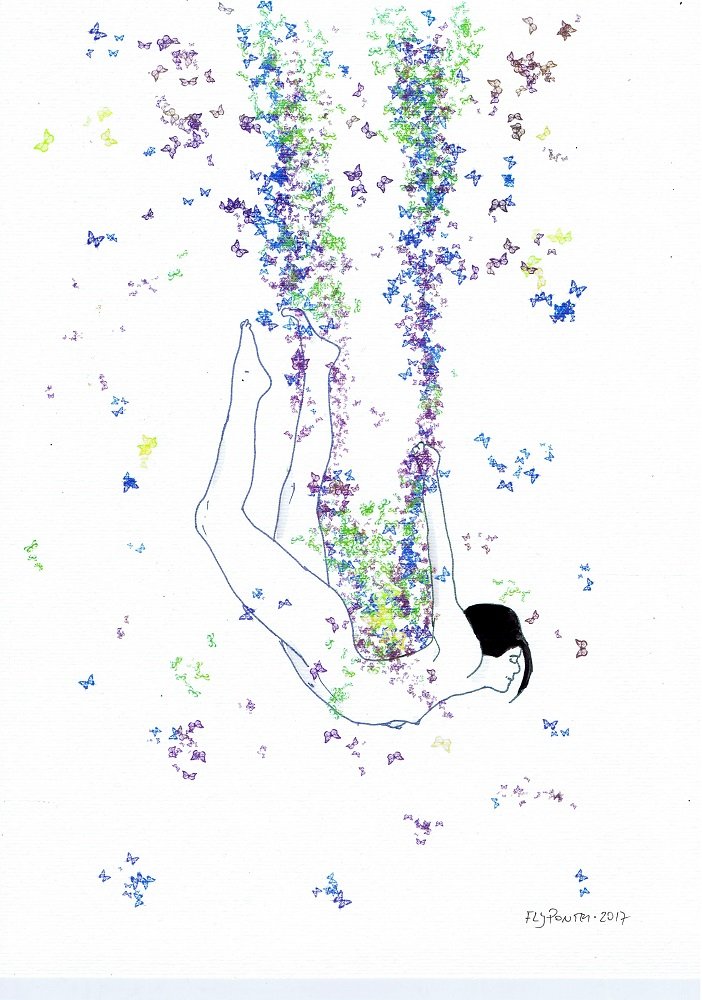 Desenho "Despretensão 5" em tinta da china e aguarela sobre papel Canson. A figura feminina está em pose suspensa, pendurada por uma corda feita inteiramente de borboletas (violeta/rosa/azul). As pernas da figura estão fletidas para trás e para cima, sobre um fundo de papel com leves sombras em aguarela.