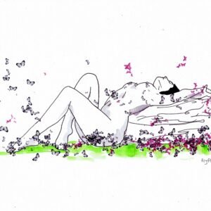 Ilustração a tinta da china e aguarela (300g) que retrata um nu feminino deitado, em repouso sobre uma rocha ou almofada. As borboletas (violeta/rosa/azul) esvoaçam à volta e à distância, simbolizando o descanso e a busca pela paz.