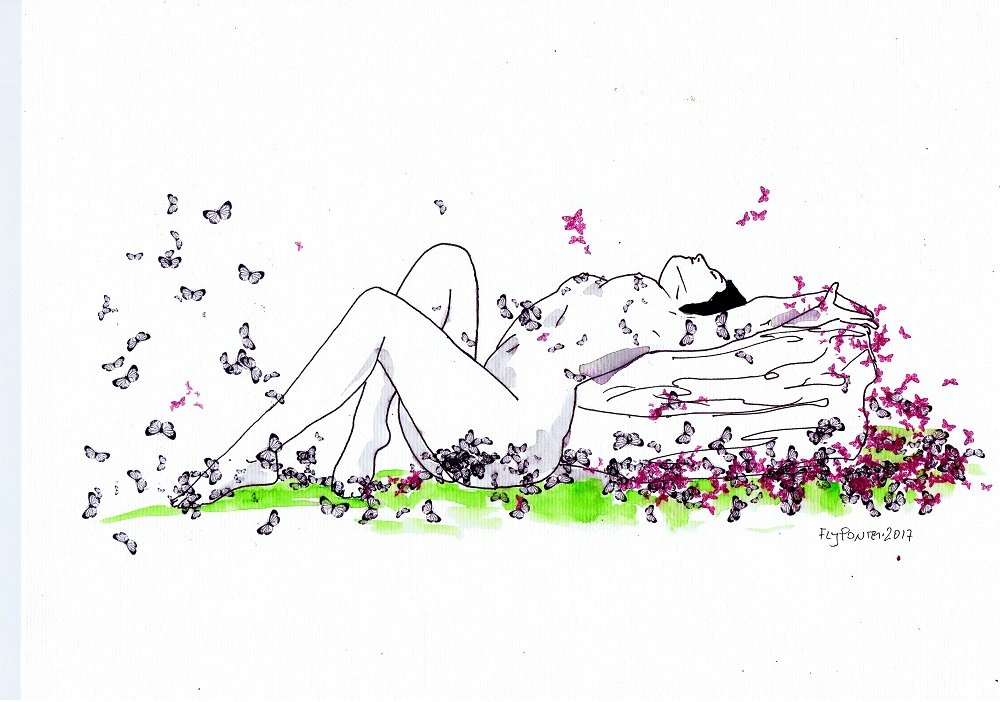Ilustração a tinta da china e aguarela (300g) que retrata um nu feminino deitado, em repouso sobre uma rocha ou almofada. As borboletas (violeta/rosa/azul) esvoaçam à volta e à distância, simbolizando o descanso e a busca pela paz.