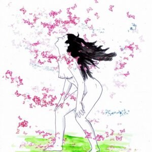 Ilustração a tinta da china e aguarela (300g) que retrata um nu feminino apoiado nas pernas, com o longo cabelo a esvoaçar. As borboletas (violeta/rosa/azul) parecem sair do cabelo, simbolizando a libertação da mente e a metamorfose.