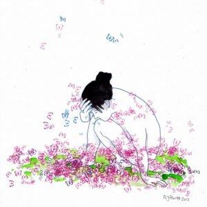 Ilustração a tinta da china e aguarela (300g) que retrata um nu feminino de cócoras, com a mão apoiada na testa. A pose sugere reflexão profunda ou cansaço, enquanto as borboletas (violeta/rosa/azul) esvoaçam à sua volta, simbolizando a metamorfose da introspecção.