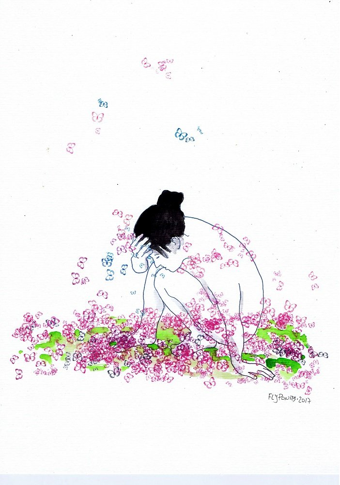 Ilustração a tinta da china e aguarela (300g) que retrata um nu feminino de cócoras, com a mão apoiada na testa. A pose sugere reflexão profunda ou cansaço, enquanto as borboletas (violeta/rosa/azul) esvoaçam à sua volta, simbolizando a metamorfose da introspecção.