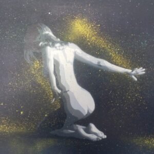 A figura feminina, em pose de joelhos e de costas com os braços esticados para trás. O fundo é preto, com esfumados de luz, de onde emergem jactos e drips de tinta (criados com needle cap) que esvoaçam dinamicamente em torno do corpo, seguindo o alongamento da pose.