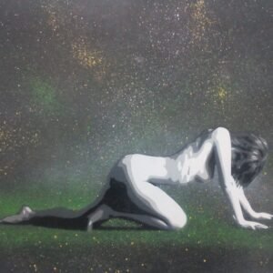 A figura feminina, em pose de gatas e em movimento (a andar), emerge dramaticamente do fundo preto. Jactos e gotas de tinta concentram-se, dando a impressão de que a figura sai de uma nuvem de tinta projectada, com a textura forte e luz esfumada sobre a Tela.