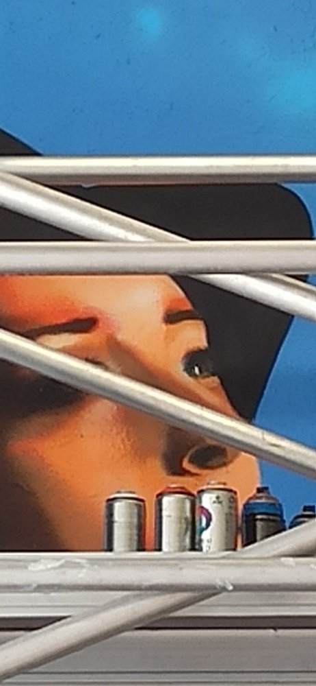 Pormenor dos olhos da jovem no mural da Mostra da Laranja, vistos através dos ferros do andaime. É visível o brilho num dos olhos e as latas de spray. Perspetiva de bastidores no processo de criação em Silves.