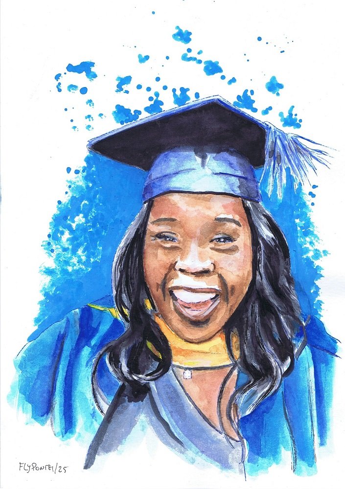 Retrato de Formatura (A4). Pele negra, grande sorriso, cores azul e amarelo. Base Aguarela com Marcadores One4all no fundo. (Trabalho Encomendado).
