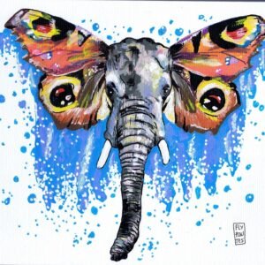 Ilustração (A4) que funde uma cabeça de elefante (em cinza/azul) com asas de Borboleta-Monarca (laranja/amarelo). Parte de um estudo sobre animais e insetos. Desenho em marcadores One4all. Obra não está à venda.