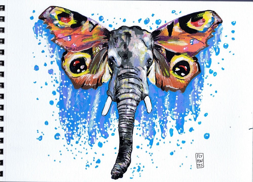 Desenho "Elefante-Borboleta" (21x29,7cm), executado com marcadores One4all. A ilustração de cores vibrantes mostra a cabeça de um elefante (em tons cinza e azulado) cujas orelhas se transformam nas asas laranja de uma Borboleta-Monarca. O fundo azul parece escorrer das asas.