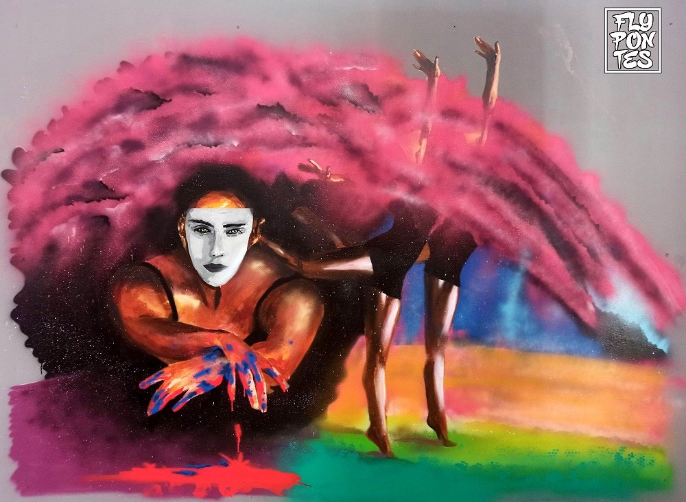 Mural "A Graça das Bailarinas" (2,75m x 1,80m) pintado em MDF no atelier. O estudo efémero explora a graça e o movimento da dança, utilizando figuras de bailarinas para refinar as técnicas para futuros projectos de grande formato.