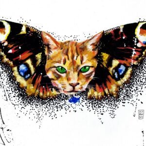 Desenho da Série "Animais com asas de borboleta" (A3), realizado com marcadores Molotow. Apresenta um gato em tons amarelos com olhos verdes intensos e asas da Borboleta-Pavão. Uma peça de fantasia colorida, de colecção privada.