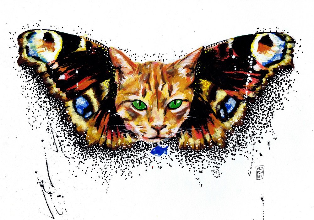 Desenho Gato-Borboleta (42x29,7cm). Gato amarelo, olhos verdes, asas de Borboleta-Pavão. Marcadores One4all. (Encomenda).