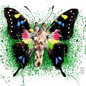 Desenho da Série "Animais com asas de borboleta" (A3), realizado com marcadores Molotow. Apresenta uma girafa com as asas raras da Graphium weiskei (rabo de andorinha manchado roxo), endémica da Nova Guiné. Uma peça de fantasia e cor, disponível para aquisição na Loja.