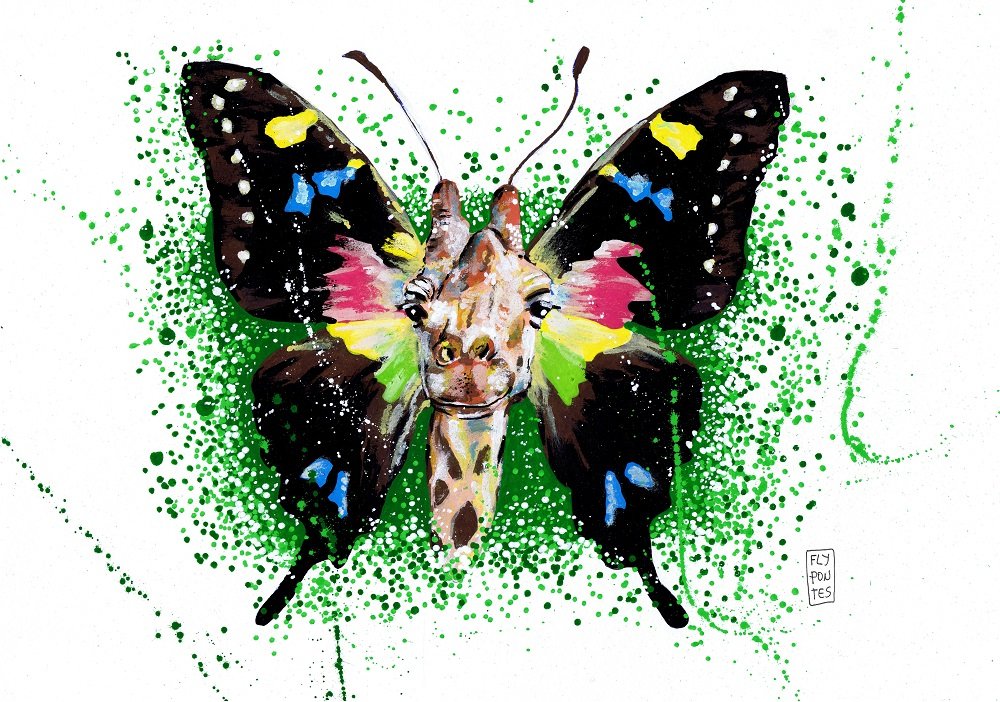 Desenho da Série "Animais com asas de borboleta" (A3), realizado com marcadores Molotow. Apresenta uma girafa com as asas raras da Graphium weiskei (rabo de andorinha manchado roxo), endémica da Nova Guiné. Uma peça de fantasia e cor, disponível para aquisição na Loja.