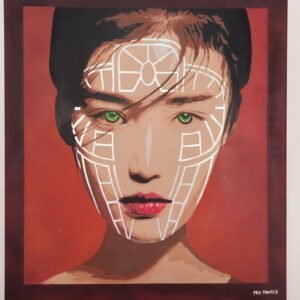 Retrato em stencil e spray de uma Gueisha, estilo realista, com um fundo vermelho escuro e intenso. O rosto da figura é marcado por linhas geométricas pintadas com tinta silver brilhante, que criam uma estética contemporânea e tribal à tela de 90x80cm.