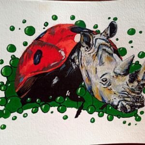 Ilustração A4 da Série "Animais Fantásticos", criada com a precisão dos marcadores Molotow. Uma fusão lúdica e surpreendente: a cabeça poderosa do rinoceronte sobre o corpo delicado e pontuado da joaninha. Peça original de estudo, disponível para aquisição na Loja.