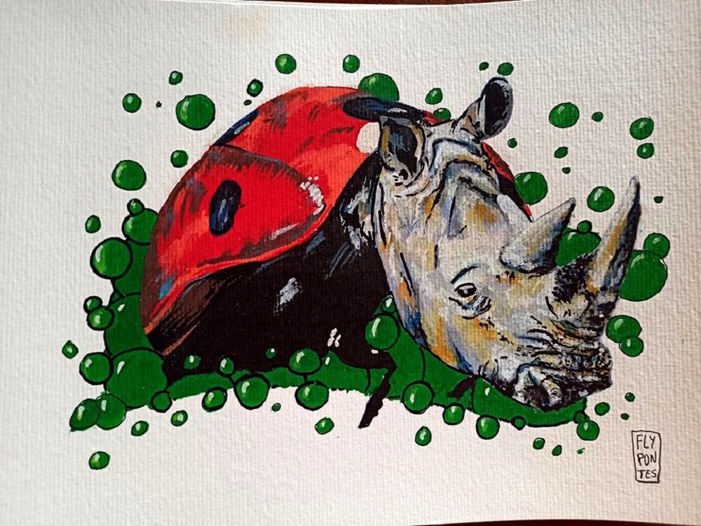 Ilustração A4 da Série "Animais Fantásticos", criada com a precisão dos marcadores Molotow. Uma fusão lúdica e surpreendente: a cabeça poderosa do rinoceronte sobre o corpo delicado e pontuado da joaninha. Peça original de estudo, disponível para aquisição na Loja.