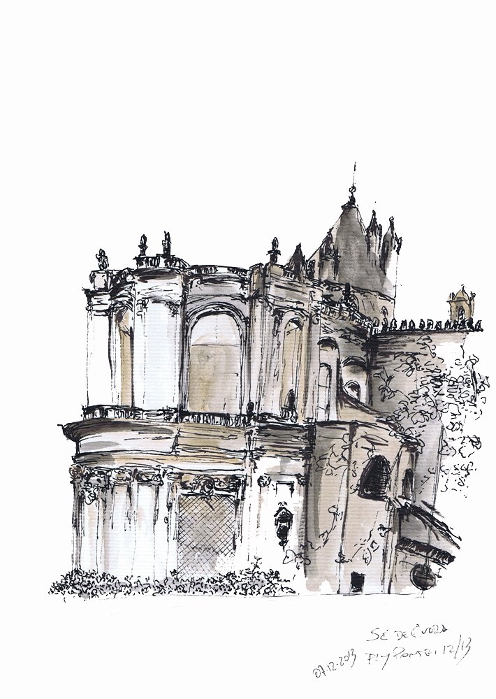 Urban Sketch Sé de Évora (A4). Vista lateral parcial em tons de cinza. Rotring e Aguarela sobre papel Canson. (Colecção privada).