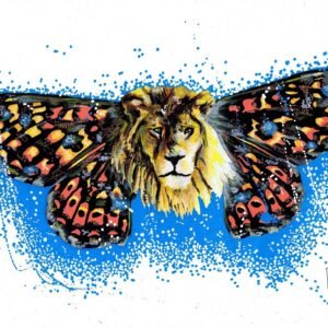 Ilustração A3 da Série "Animais com asas de borboleta", realizada com marcadores Molotow. Apresenta um leão com as asas da Euphydryas aurinia (Borboleta-dos-Pântanos), unindo a realeza da selva à fragilidade da borboleta paleártica. Peça disponível para aquisição na Loja.