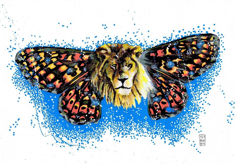 Ilustração A3 da Série "Animais com asas de borboleta", realizada com marcadores Molotow. Apresenta um leão com as asas da Euphydryas aurinia (Borboleta-dos-Pântanos), unindo a realeza da selva à fragilidade da borboleta paleártica. Peça disponível para aquisição na Loja.