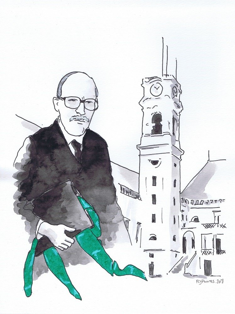 Urban Sketch Licenciado de Coimbra (A4). Figura em cinza com fita verde e pasta. Torre da Universidade de Coimbra no fundo. (Trabalho Encomendado).