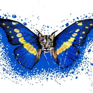Ilustração A3 da Série "Animais com asas de borboleta", criada com marcadores Molotow. Apresenta um Lince-Ibérico com um olhar de melancolia, fundido com as raras asas azuis metálicas da Morpho helena (Morfo de Helena), nativa da América do Sul. Peça disponível para aquisição na Loja.