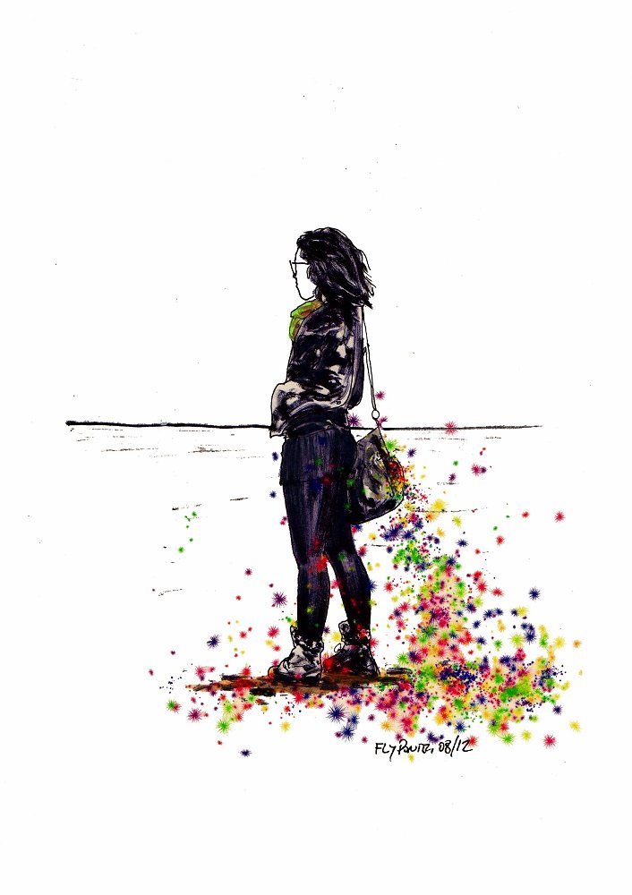 Desenho "Linha do Horizonte" (A4). Mulher a olhar para o horizonte. Mala a tiracolo com rasto de flores coloridas. Técnica mista. (Colecção particular).