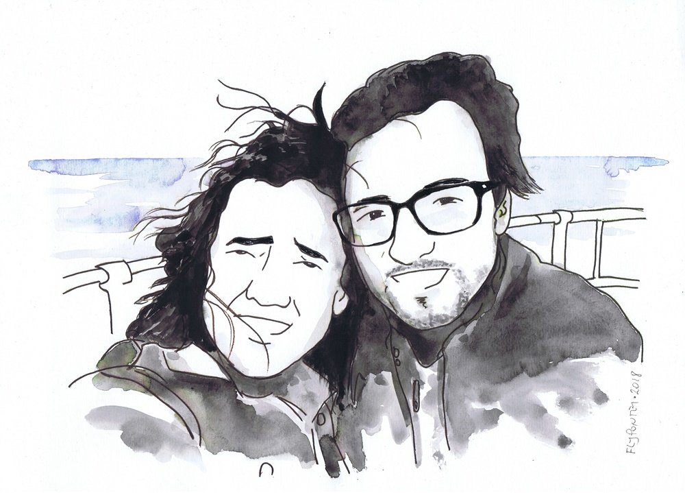 Retrato Mãe e Filho (A4). Meio corpo, Rotring e Aguarela em tons cinza. Cabelo da mulher a esvoaçar. (Trabalho Encomendado).