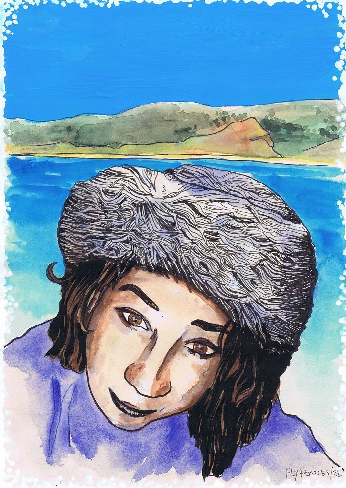 Retrato de Mulher com Chapéu Kubanka (A4). Kubanka desenhada a Rotring, Rosto e Fundo em Aguarela. (Trabalho Encomendado).