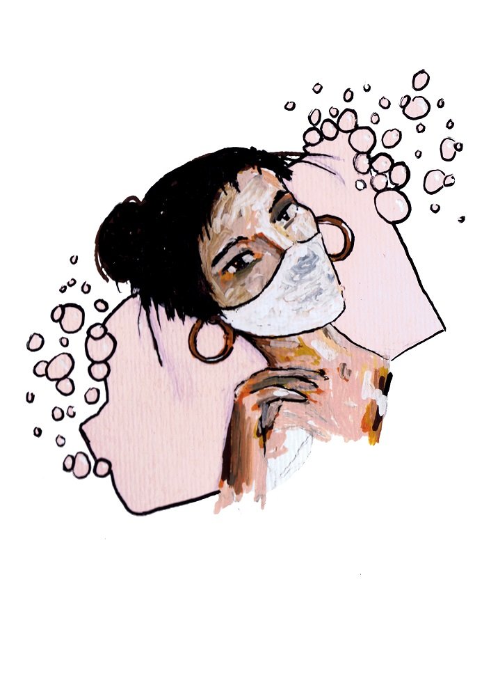 Desenho Mulher com máscara (A4). Retrato de figura feminina em Marcadores One4all. (Colecção privada).