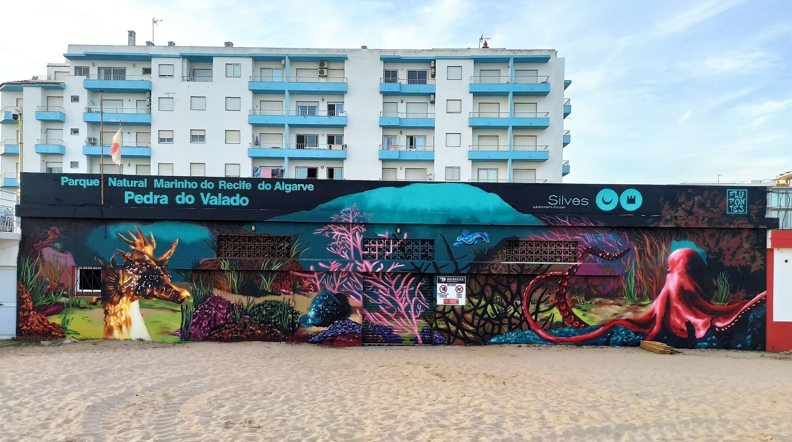 Mural de 24 metros Pedra do Valado em Armação de Pêra, celebrando o Parque Natural Marinho do Algarve.