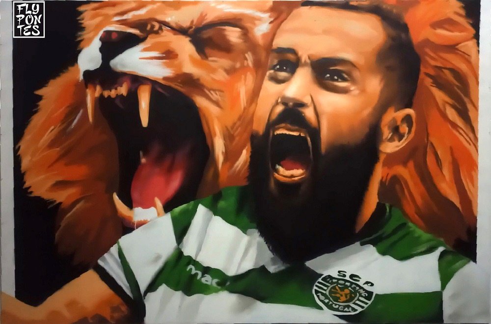 Mural "Treino e Paixão" (2,75m x 1,80m) do Capitão Futsal Sporting CP, João Matos. O retrato, em spray livre, espelha a pose do leão de boca aberta (símbolo de garra e paixão). O símbolo do Sporting CP foi aplicado com stencil. Peça de estudo técnico no atelier.
