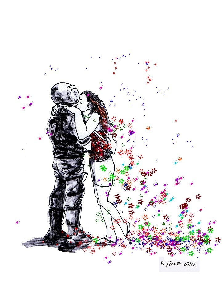 Desenho "O Abraço" (A4). Mulher em aguarela abraça militar em Rotring estático. Flores caem dela e tocam no militar. Técnica mista. (Colecção particular).