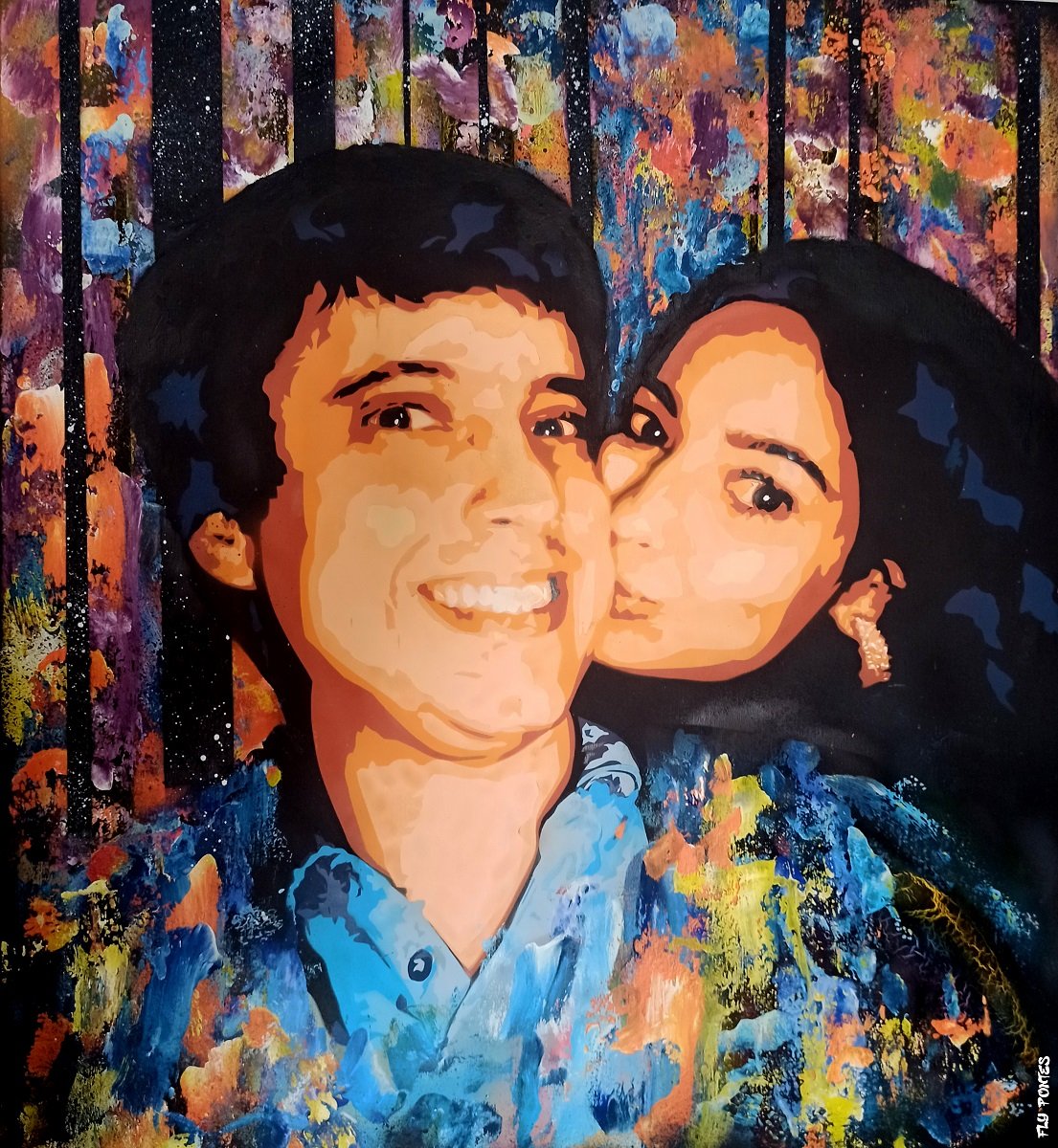 Pintura em Stencil e Spray "O Beijo" 90x80cm. Casal com ele a ser beijado na bochecha, fundo abstracto com cores fortes (vermelho, azul) e linhas pretas. Técnica mista: stencil, spray, plástico e esponja.
