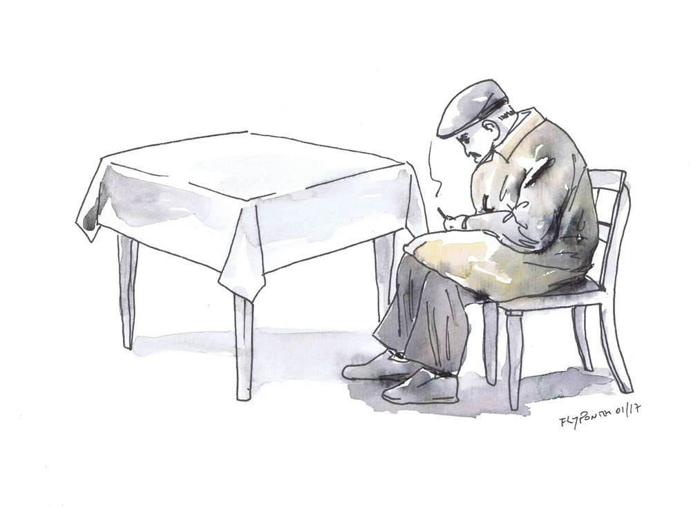 Ilustração A5 do poema 'Era um homem já idoso'. Retrato de homem sentado no café (Rotring e Aguarela tons cinza). Publicação Câmara Municipal. (Trabalho Encomendado).