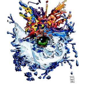 Estudo com Marcadores One4all sobre Papel Canson (A4), focado num olho de tons verdes que emerge de um vibrante campo abstracto. A composição divide-se em azuis (evocando água) na base, e cores quentes e roxos no topo. Peça original disponível para aquisição imediata.